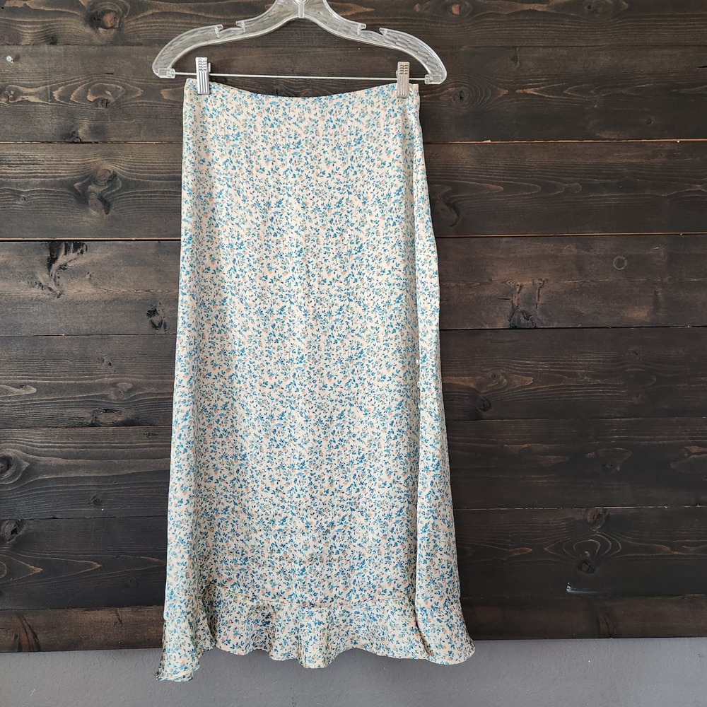 Zara Satin Floral Ruffle Hem Midi Maxi Skirt Size S Side Button Detail Zip